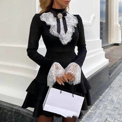 Women's Elegant Lace Trim Stitched Stretch Slim Dress