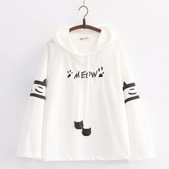 Cute Cartoon Cat Paw Embroidery Loose Long Sleeve Hoodie