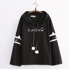 Cute Cartoon Cat Paw Embroidery Loose Long Sleeve Hoodie