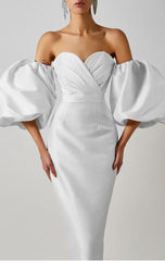 Wrap Breast Balloon Sleeve Slim Fit Hips Mid Length Dress