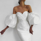 Wrap Breast Balloon Sleeve Slim Fit Hips Mid Length Dress