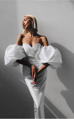 Wrap Breast Balloon Sleeve Slim Fit Hips Mid Length Dress
