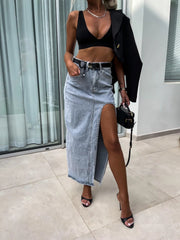 Retro Women's High Waist Irregular Slit Denim Skirt