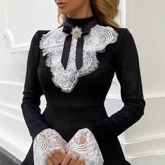 Women's Elegant Lace Trim Stitched Stretch Slim Dress