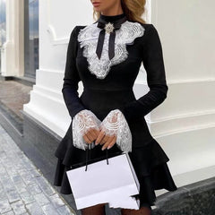 Women's Elegant Lace Trim Stitched Stretch Slim Dress