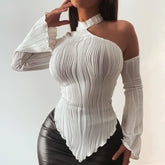 Long-sleeve Slash-neck Halter-style Street-style Spicy-girl T-shirt