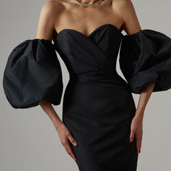 Wrap Breast Balloon Sleeve Slim Fit Hips Mid Length Dress