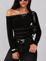 Oblique Shoulder Collar Metal Ribbon Nail Decoration Slim-fit T-shirt