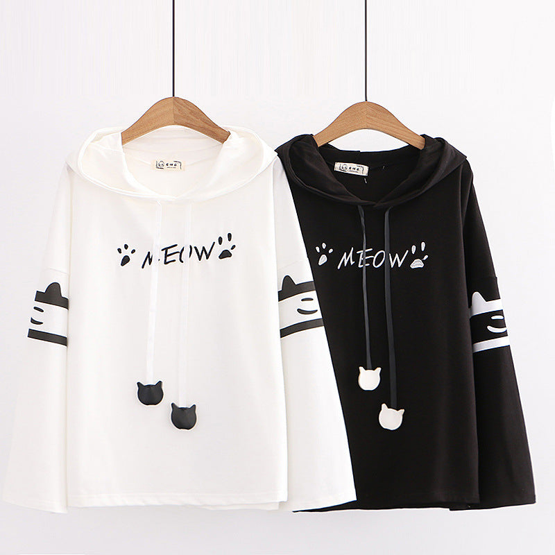 Cute Cartoon Cat Paw Embroidery Loose Long Sleeve Hoodie