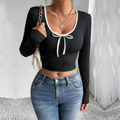 Women's Fashion Simple Style Versatile T-shirt AutumnWinter EuropeanAmerican Slim Fit Short Sexy Color Block Top