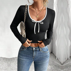 Women's Fashion Simple Style Versatile T-shirt AutumnWinter EuropeanAmerican Slim Fit Short Sexy Color Block Top