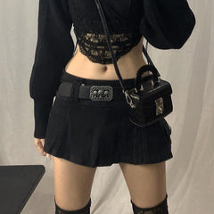 Solid Denim Fashion Pleated Skirt
