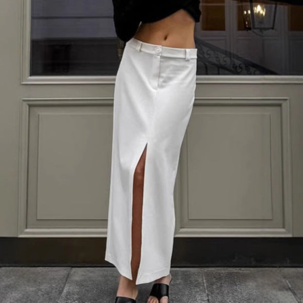 French-style Commuter White Straight-Line Suit Skirt With A Slit